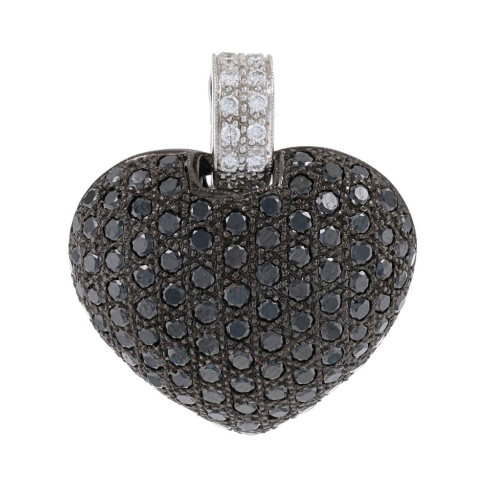 Stainless & Gold Black Diamond Heart Enhancer Pendant 18k Rnd 2.50ctw Treated